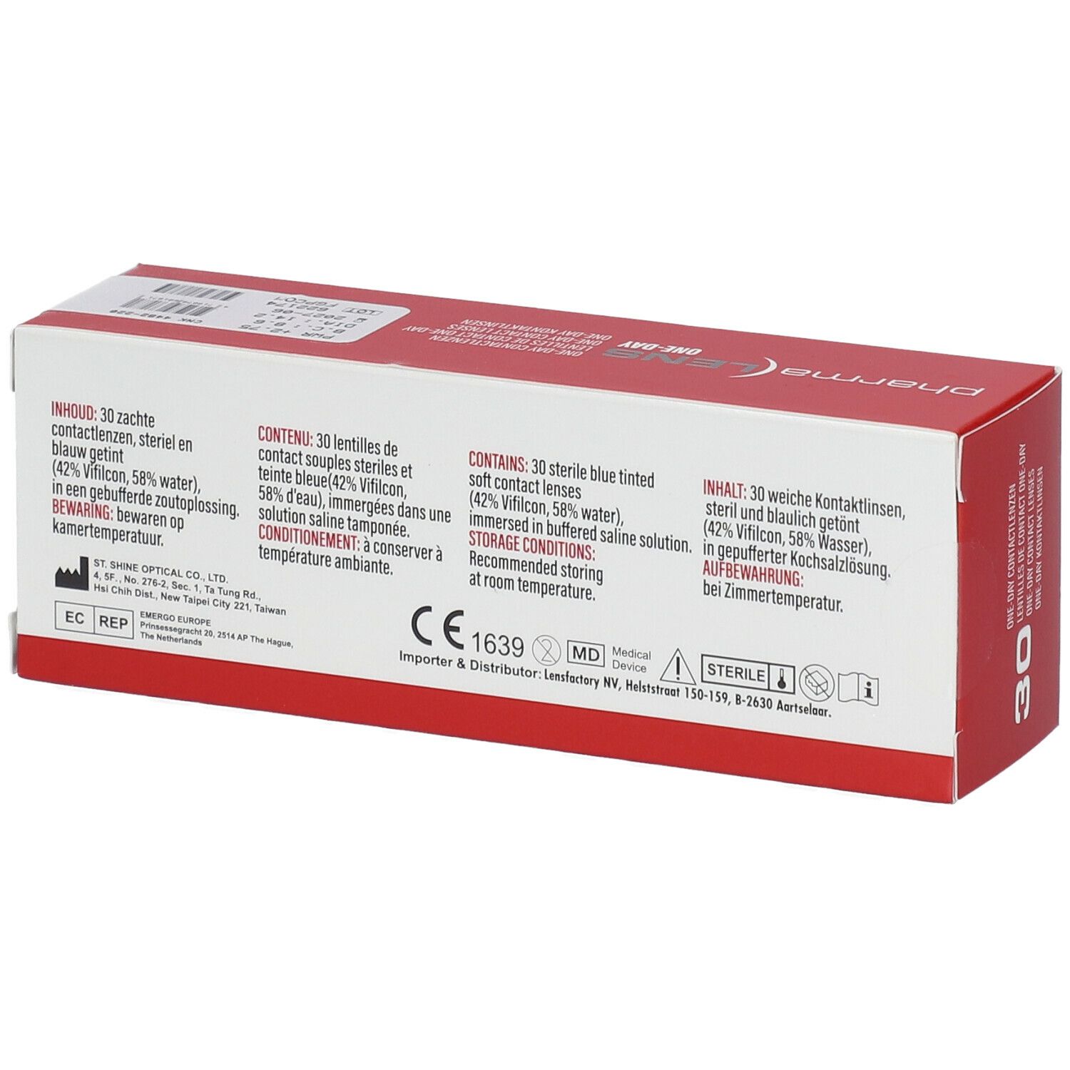 Dos de l'emballage des lentilles de contact Pharmalens One-Day. Texte multilingue, marquage CE.