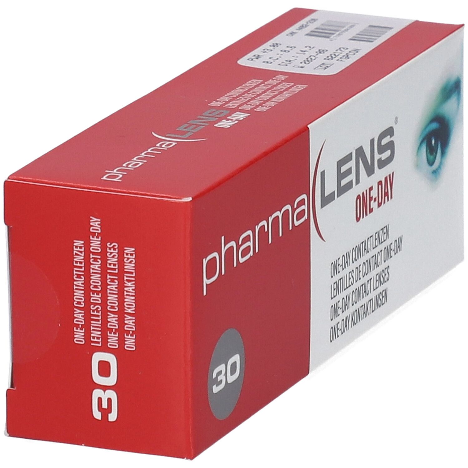 Schachtel von Pharmalens One-Day Kontaktlinsen. Rote und weiße Verpackung mit Produktnamen und 30 Linsen.