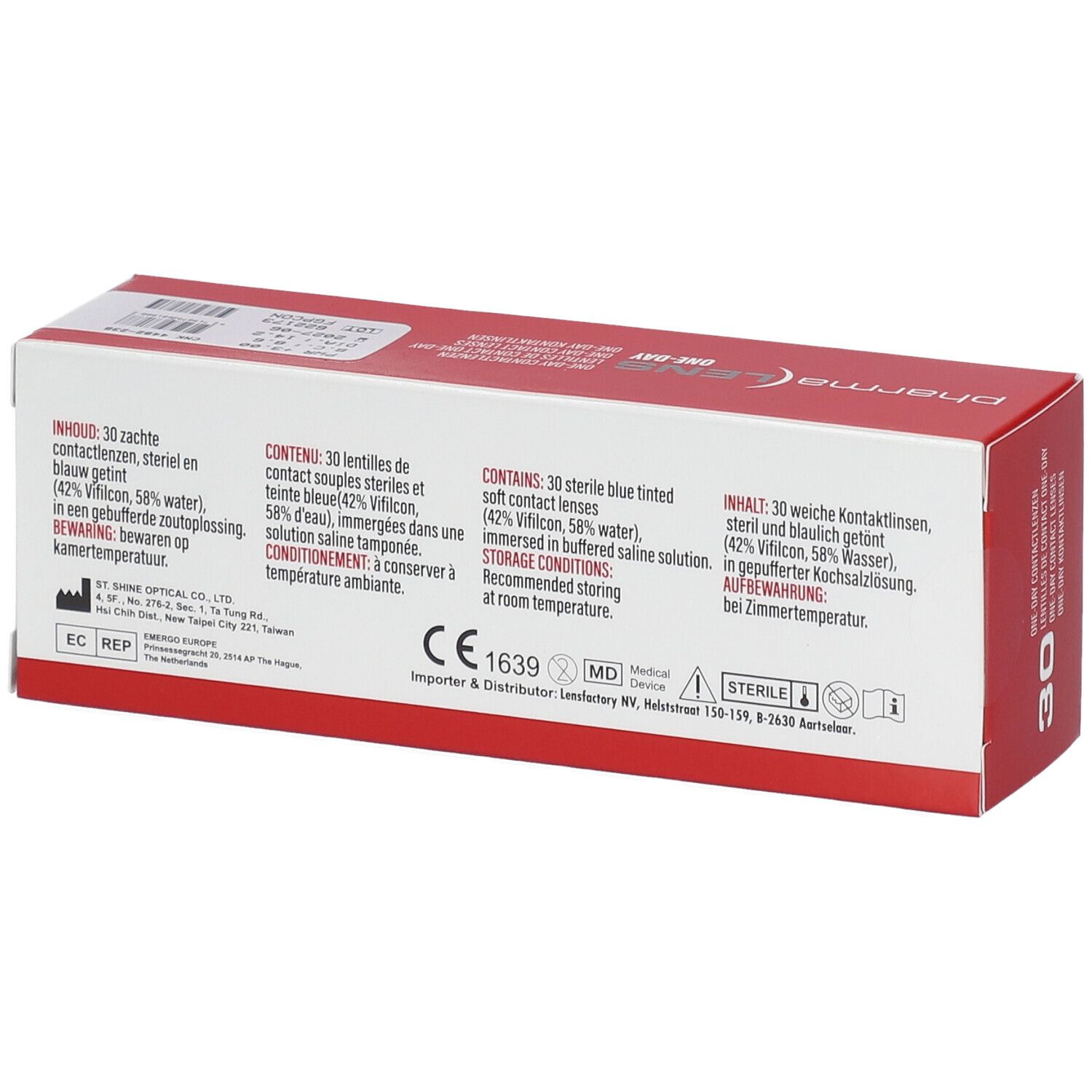 Rückseite der Verpackung von Pharmalens One-Day Kontaktlinsen. Textinformationen und Zertifizierungen.