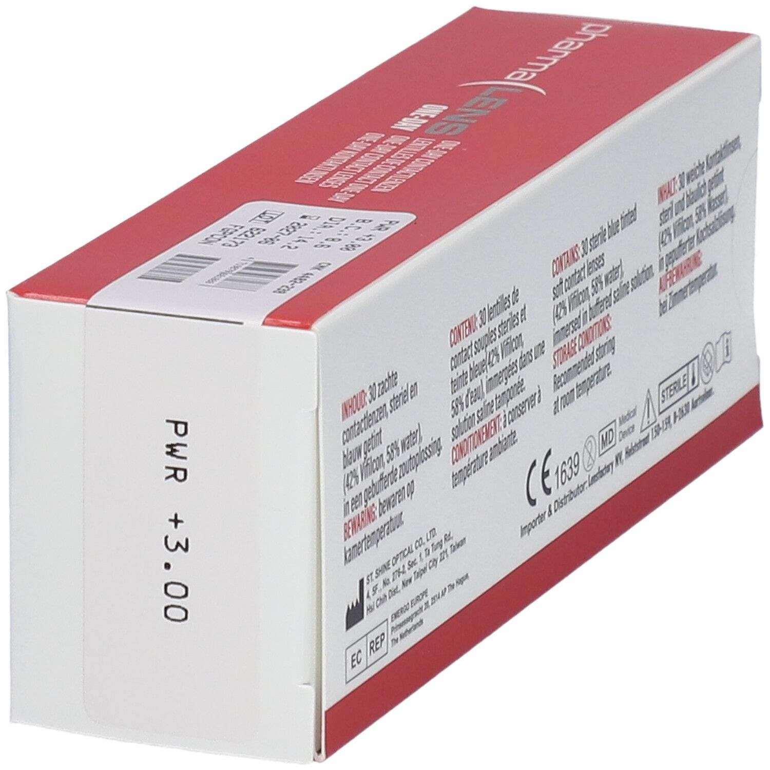 Verpackung von Pharmalens One-Day Kontaktlinsen. Seitenansicht mit Produktinformationen und Stärke +3.00.