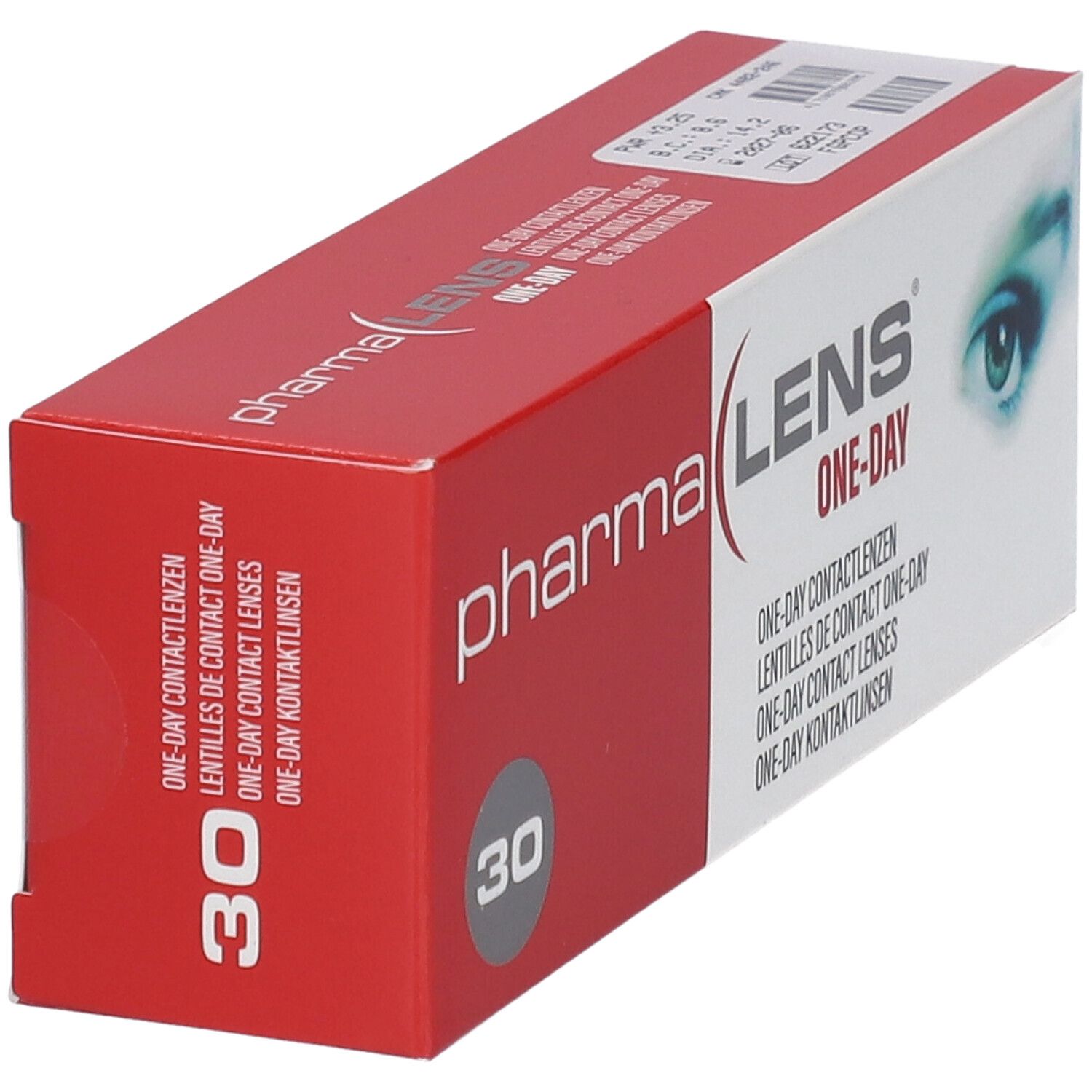 Schachtel von Pharmalens One-Day Kontaktlinsen. Rote und weiße Verpackung mit Produktnamen und 30 Stück.