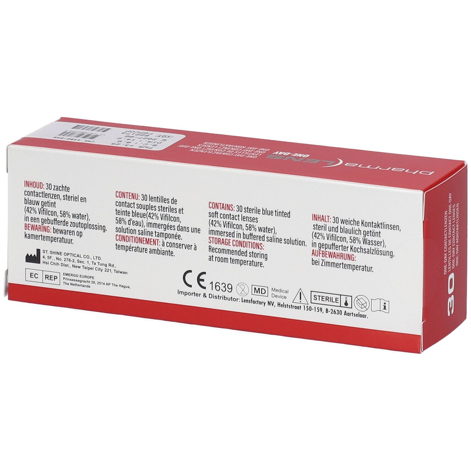 Rückseite der Verpackung von Pharmalens One-Day Kontaktlinsen. Textinformationen, CE-Kennzeichnung und 30 Stück.