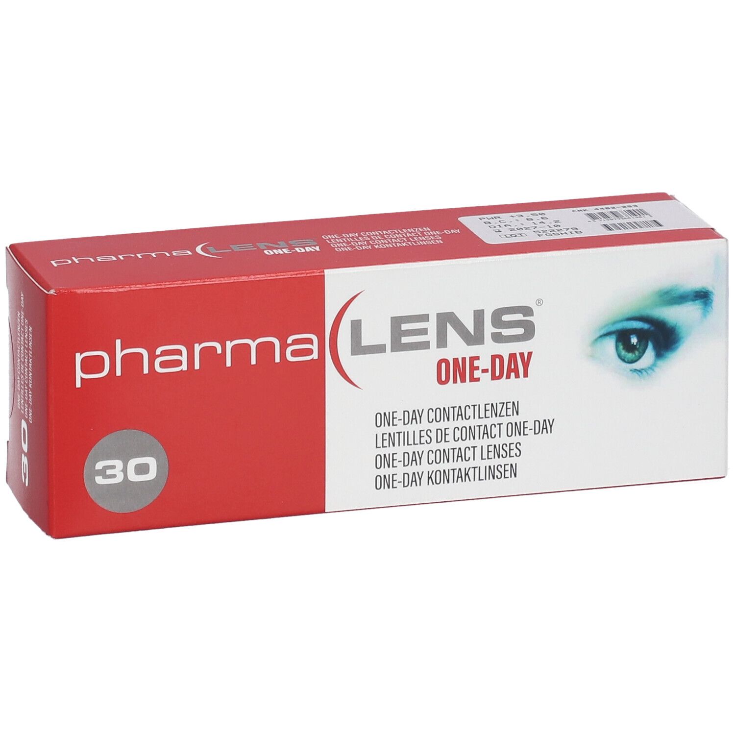 Rote und weiße Schachtel mit Kontaktlinsen. Aufschrift: pharma LENS ONE-DAY. 30 Stück. Auf der Verpackung ist ein Auge abgebildet.