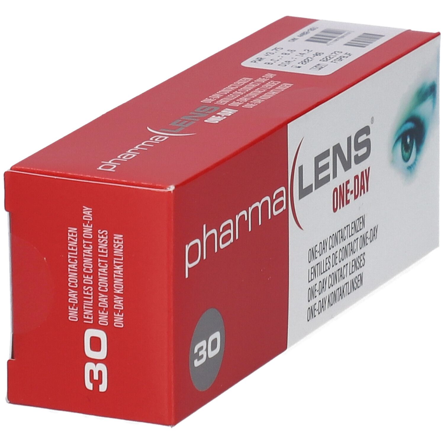 Rote und weiße Schachtel mit "pharma LENS ONE-DAY". 30 Kontaktlinsen. +3,75.