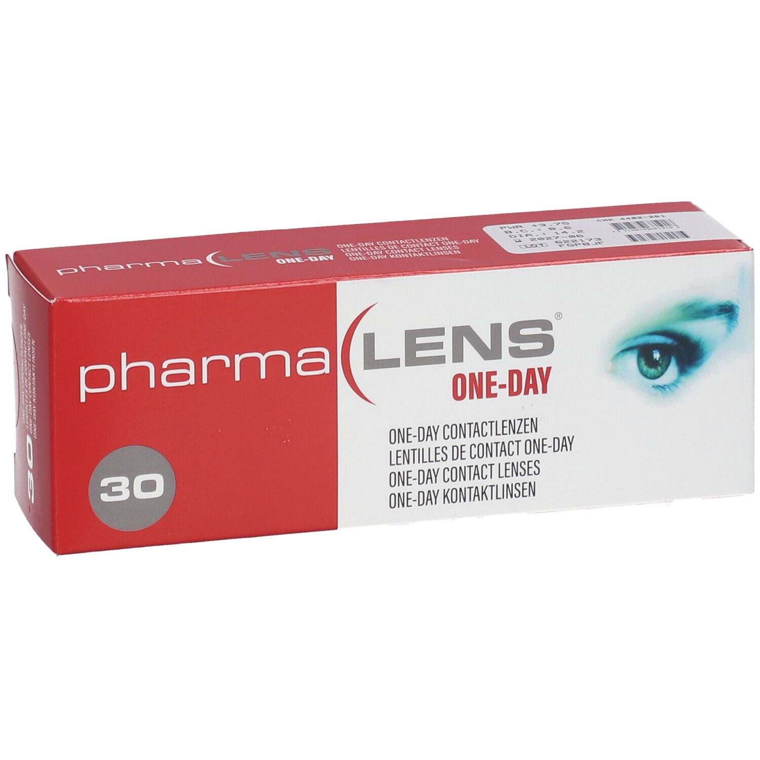 Rote und weiße Schachtel mit "pharma LENS ONE-DAY". 30 Kontaktlinsen. +3,75.