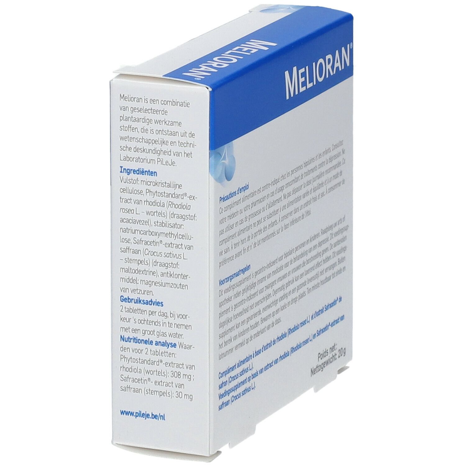 Boîte PiLeJe Melioran, en biais. Bleu et blanc, texte. 20g.
