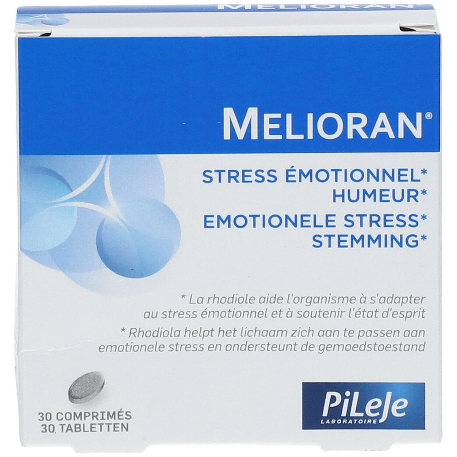 Boîte PiLeJe Melioran. Bleu et blanc, nom et texte. 30 comprimés.