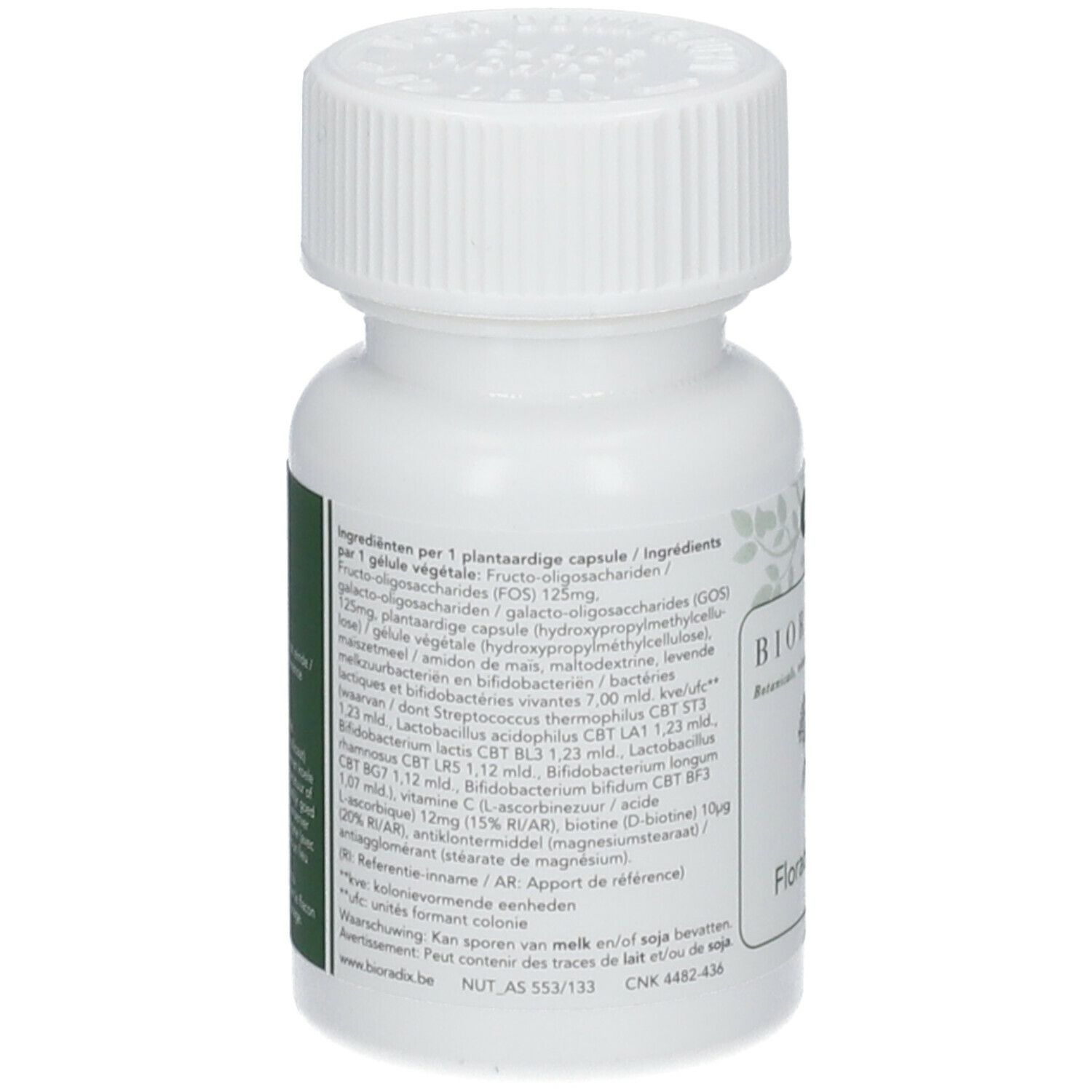Rückseite der weißen Flasche. Enthält Informationen zu Inhaltsstoffen und Nährwerten. BIORADIX Floradicol 7.