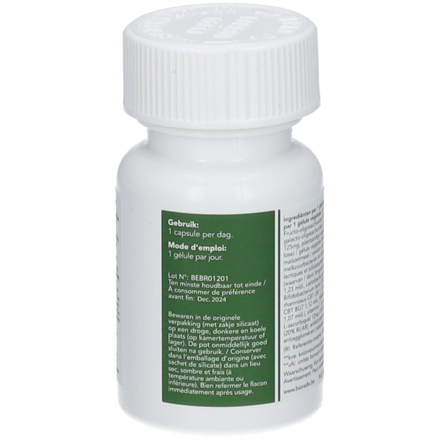 Rückseite der weißen Flasche. Gebrauchsanweisung: 1 Kapsel pro Tag. Losnummer und Haltbarkeitsdatum. BIORADIX Floradicol 7.