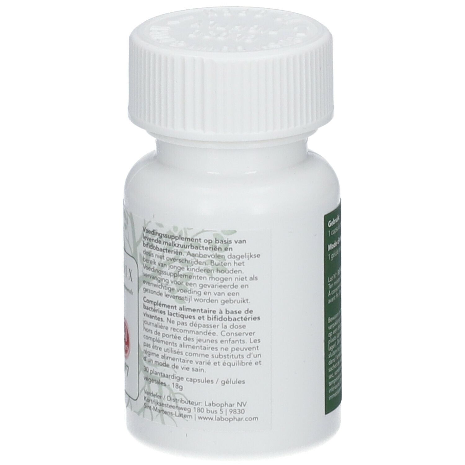 Rückseite der weißen Flasche. Enthält Informationen zu Inhaltsstoffen und Nährwerten. BIORADIX Floradicol 7.