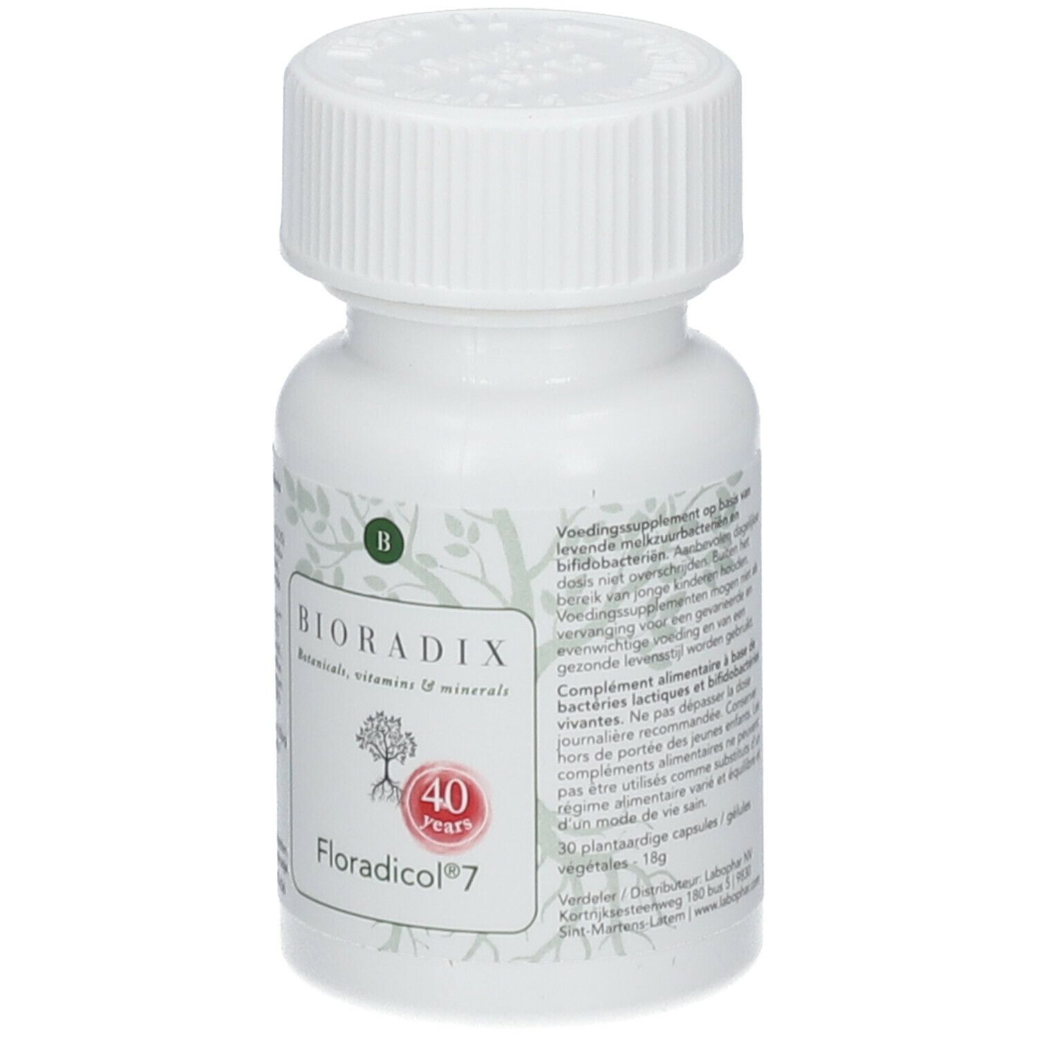 Weiße Flasche mit Schraubverschluss. Auf dem Etikett steht BIORADIX Floradicol 7. 40 Jahre Jubiläum. Botanicals, Vitamine & Mineralien.