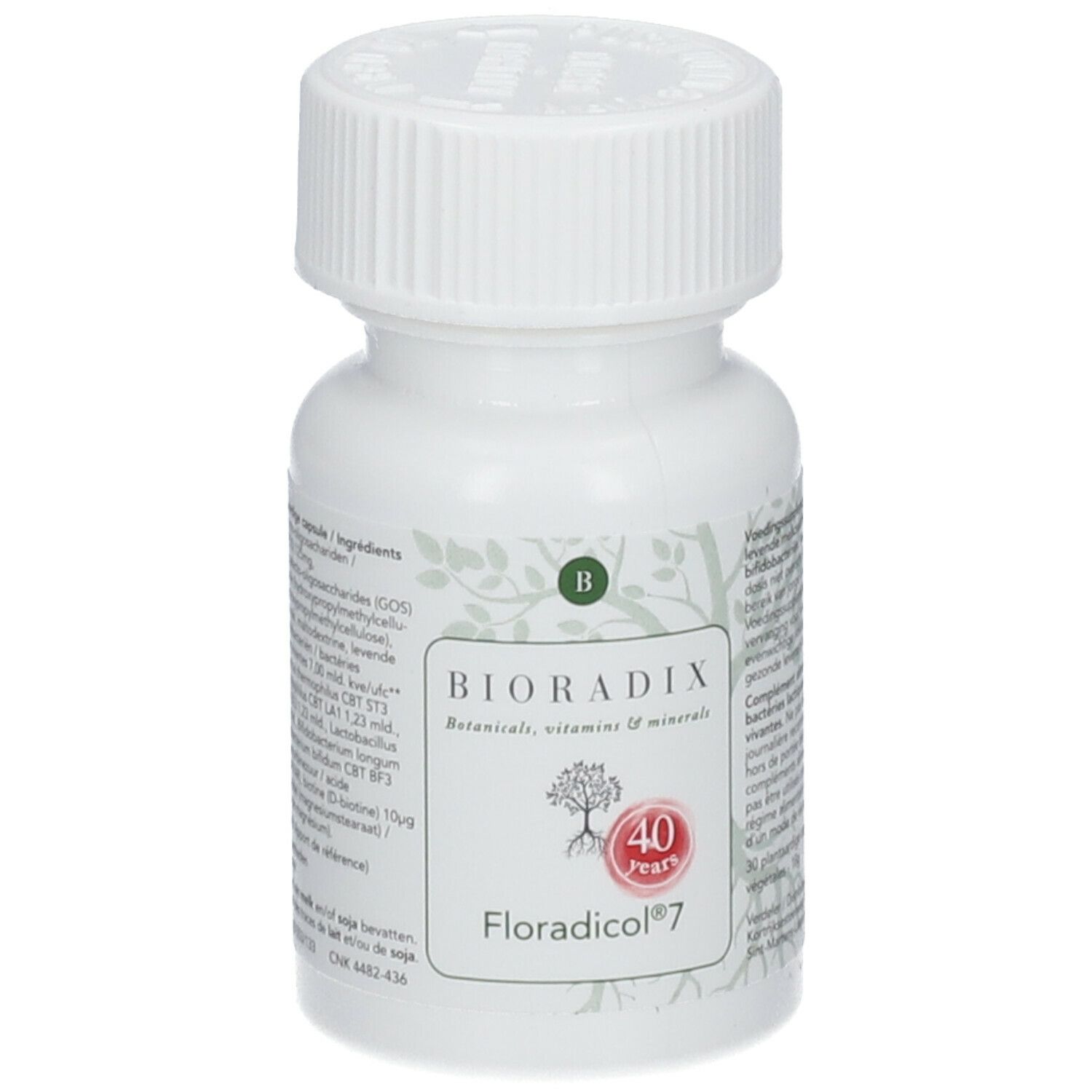 Weiße Flasche mit Schraubverschluss. Auf dem Etikett steht BIORADIX Floradicol 7. 40 Jahre Jubiläum. Botanicals, Vitamine & Mineralien.