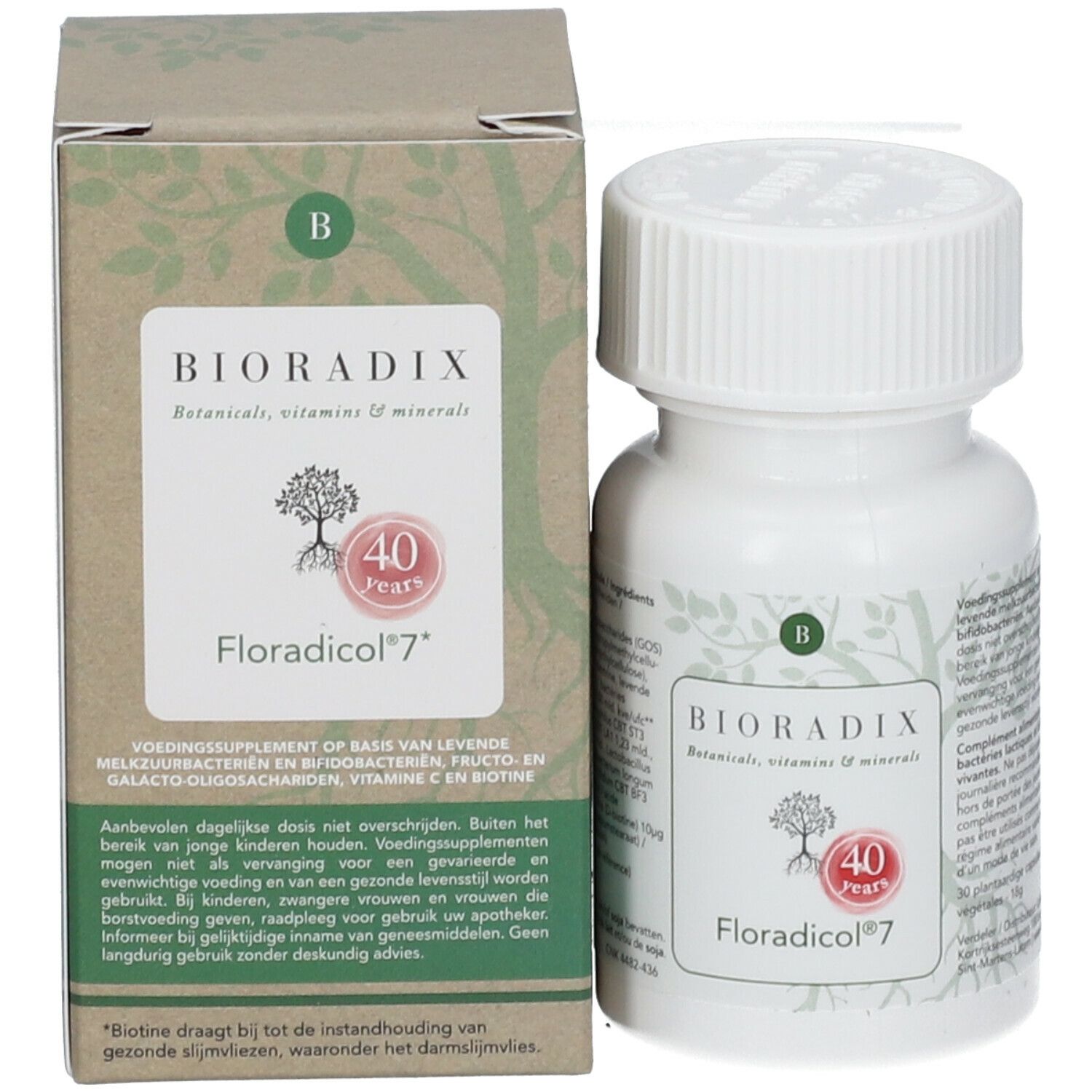Produktverpackung mit Flasche. Auf der Verpackung steht BIORADIX Floradicol 7. 40 Jahre Jubiläum. Botanicals, Vitamine & Mineralien.