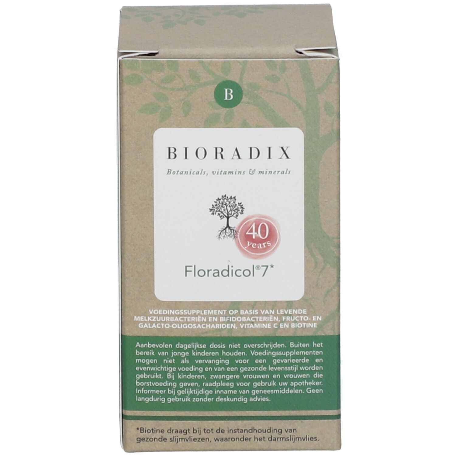 Produktverpackung. Auf der Verpackung steht BIORADIX Floradicol 7. 40 Jahre Jubiläum. Botanicals, Vitamine & Mineralien.