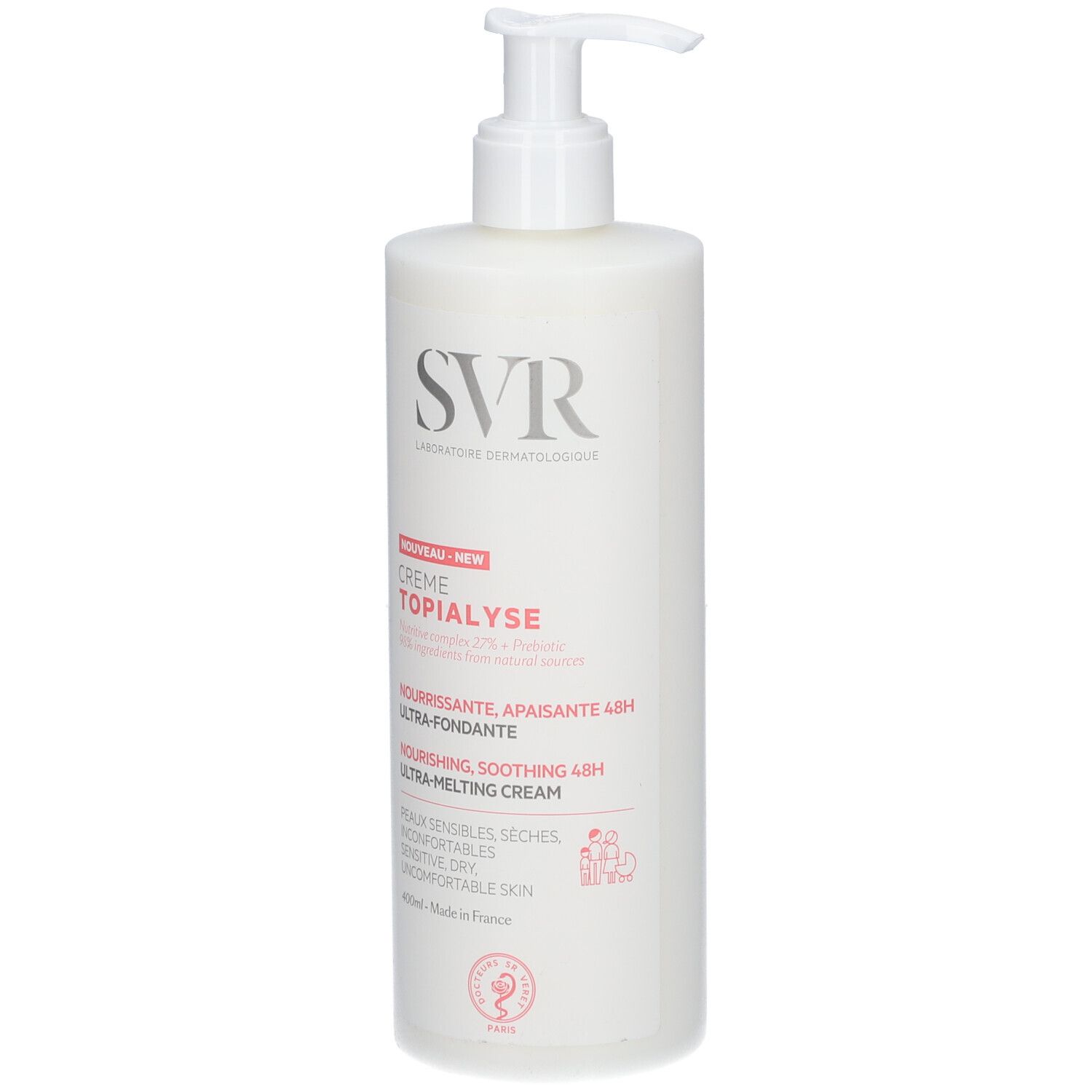 Weißer Spender mit Creme. Aufschrift: SVR, Crème Topialyse. Mit Pumpe. 400ml.