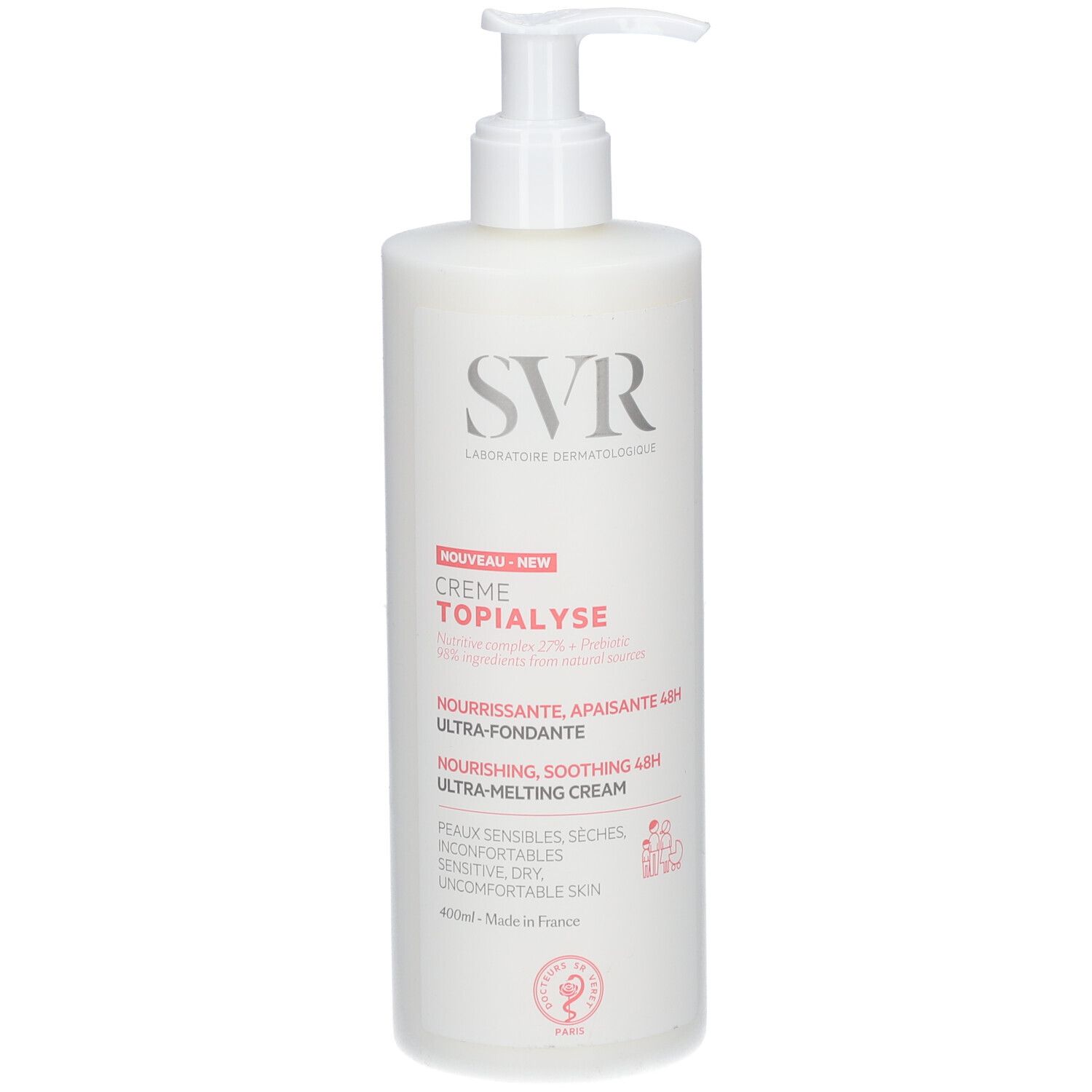 Weißer Spender mit Creme. Aufschrift: SVR, Crème Topialyse. Mit Pumpe. 400ml.
