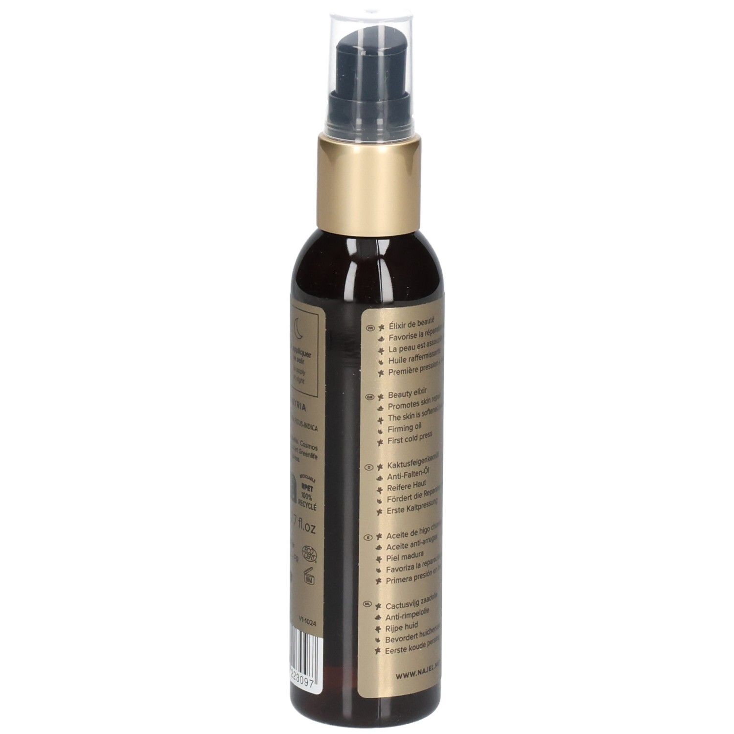 Braune Glasflasche mit goldfarbenem Deckel. Text: Anti-Falten, fördert die Festigkeit, etc. Label mit Inhaltsstoffen.