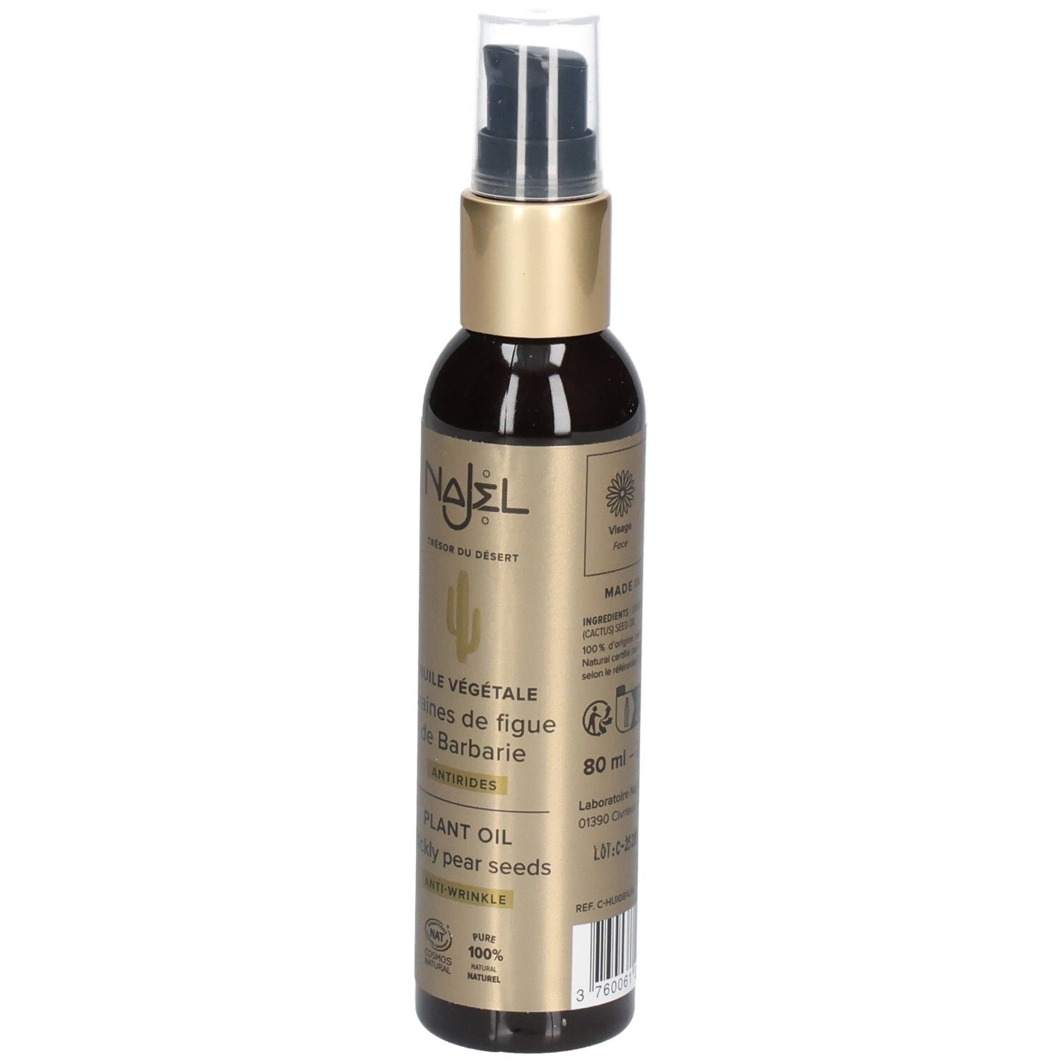 Braune Glasflasche mit goldfarbenem Deckel. Text: 80 ml, Made in Syria, etc. Label mit Inhaltsstoffen und Zertifizierungen.