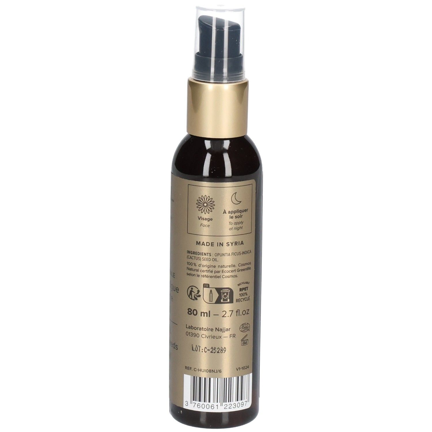 Braune Glasflasche mit goldfarbenem Deckel. Text: 80 ml, Anwendung, Inhaltsstoffe, etc. Label mit Zertifizierungen.