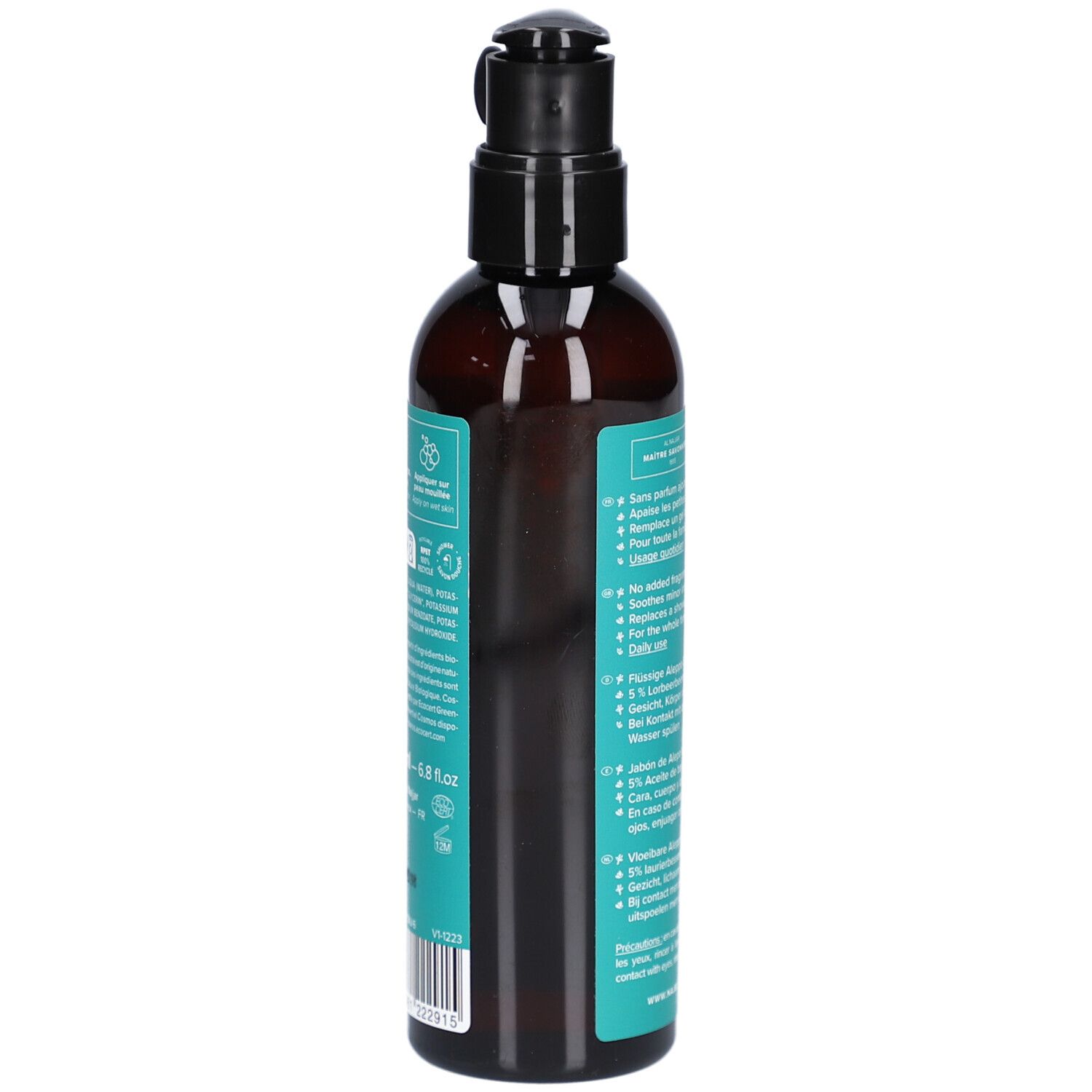 Seitenansicht der Flasche. Türkisfarbenes Etikett mit Produktinformationen. Text in mehreren Sprachen und Zertifizierungen.