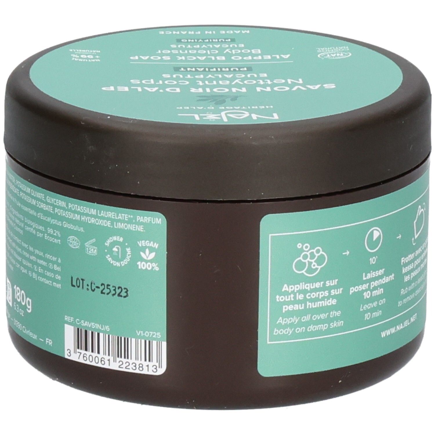 Runde Dose mit Inhaltsstoffen und Anwendungshinweisen. Text: 180g, vegan, Cosmos Natural.