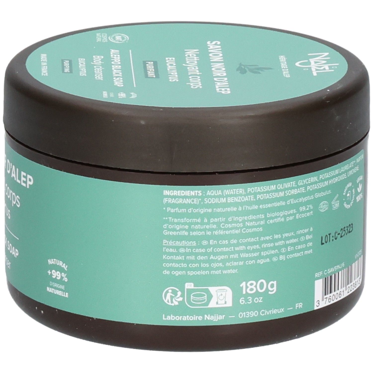 Runde Dose mit Inhaltsstoffen und Warnhinweisen. Text: 180g, 6.3 oz, Laboratoire Najjar.