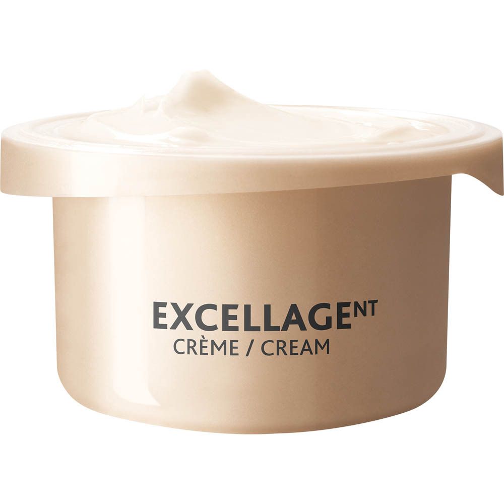 Pot de crème beige avec inscription: EXCELLAGE Crème/Cream. Crème visible.