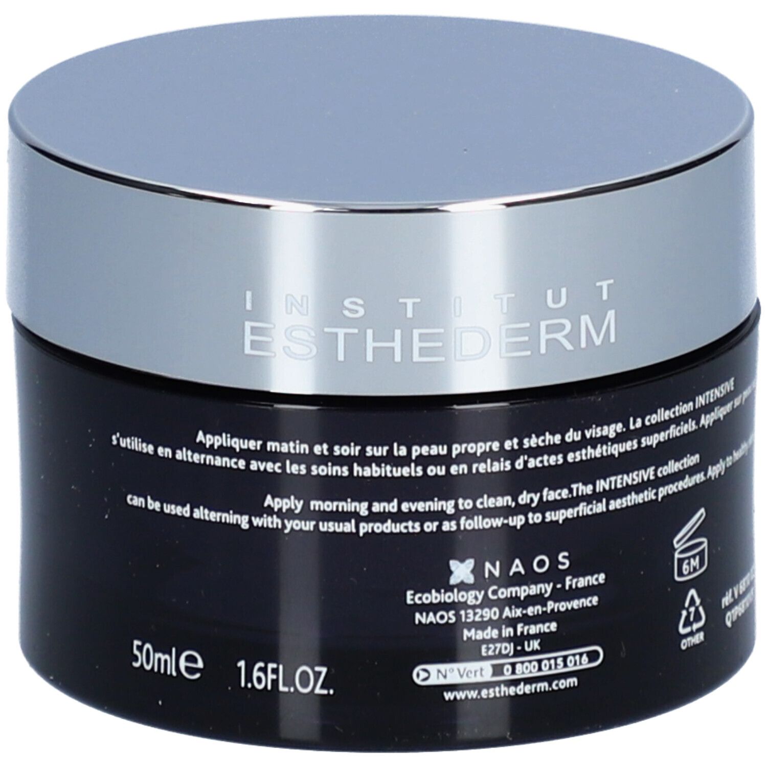 Donkerblauwe crèmepot met zilveren deksel. Opschrift: Institut Esthederm. Achterkant met tekst, 50ml en 1.6FL.OZ. indicatie.