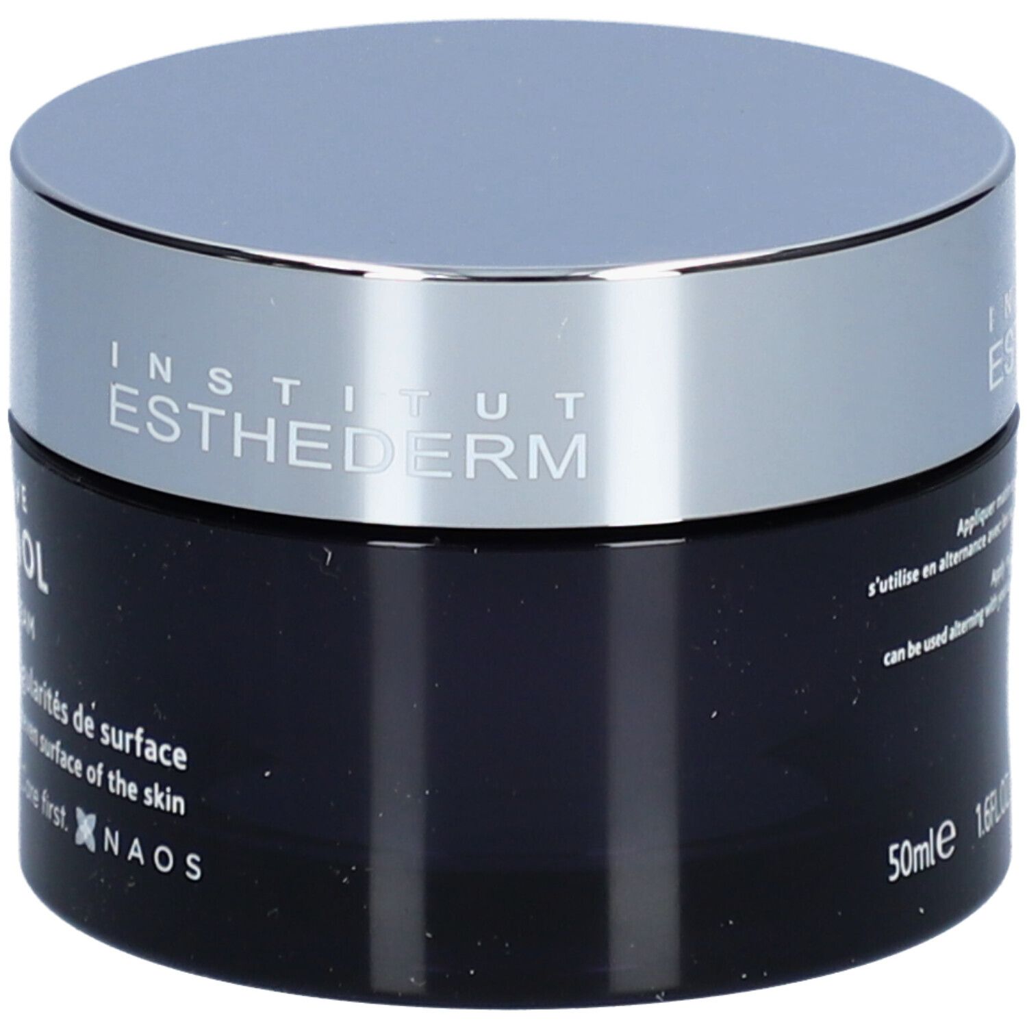 Donkerblauwe crèmepot met zilveren deksel. Opschrift: Institut Esthederm, Intensive Retinol Crème. 50ml en 1.6FL.OZ.