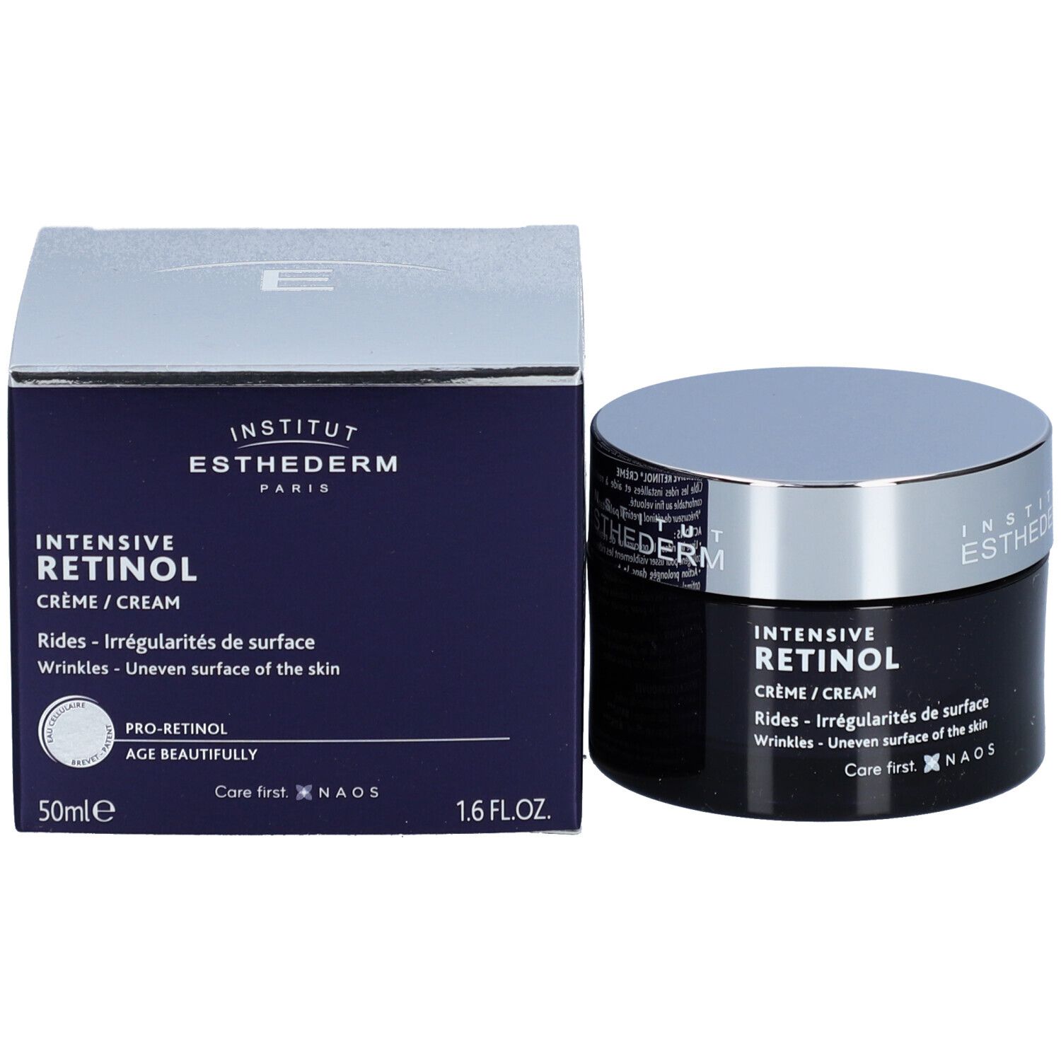 Donkerblauwe crèmepot en doos. Opschrift: Institut Esthederm, Intensive Retinol Crème. 50ml en 1.6 FL.OZ.