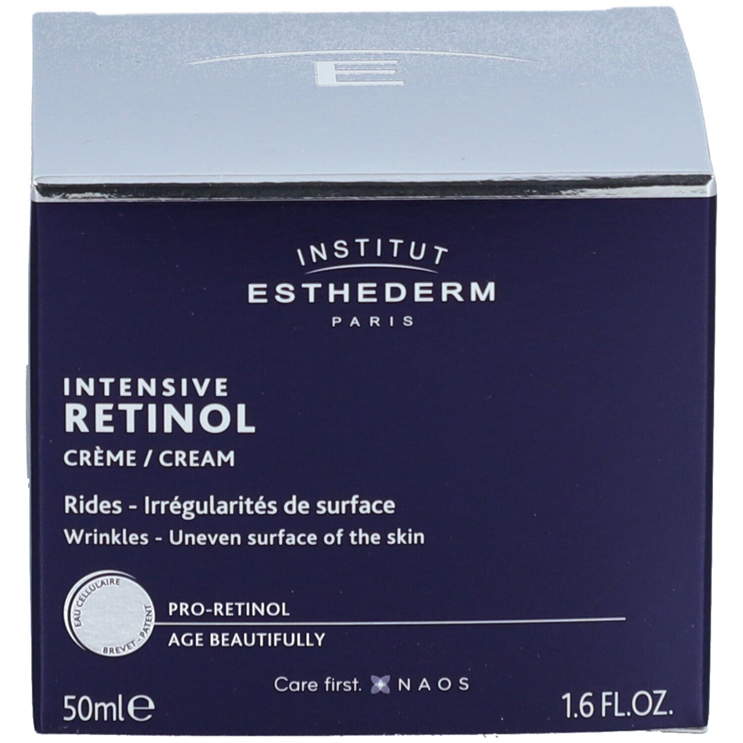 Donkerblauwe doos. Opschrift: Institut Esthederm, Intensive Retinol Crème. 50ml en 1.6 FL.OZ.