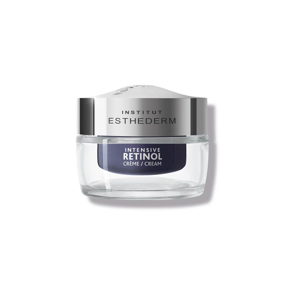 Transparante crèmepot met zilveren deksel. Opschrift: Institut Esthederm, Intensive Retinol Crème.