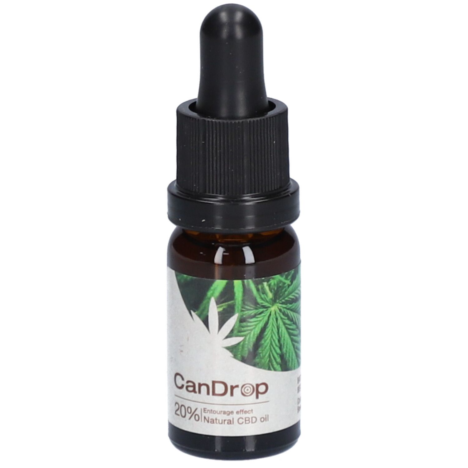 Flacon en verre brun avec compte-gouttes noir. Étiquette avec feuille de cannabis et texte CanDrop 20% Natural CBD oil.