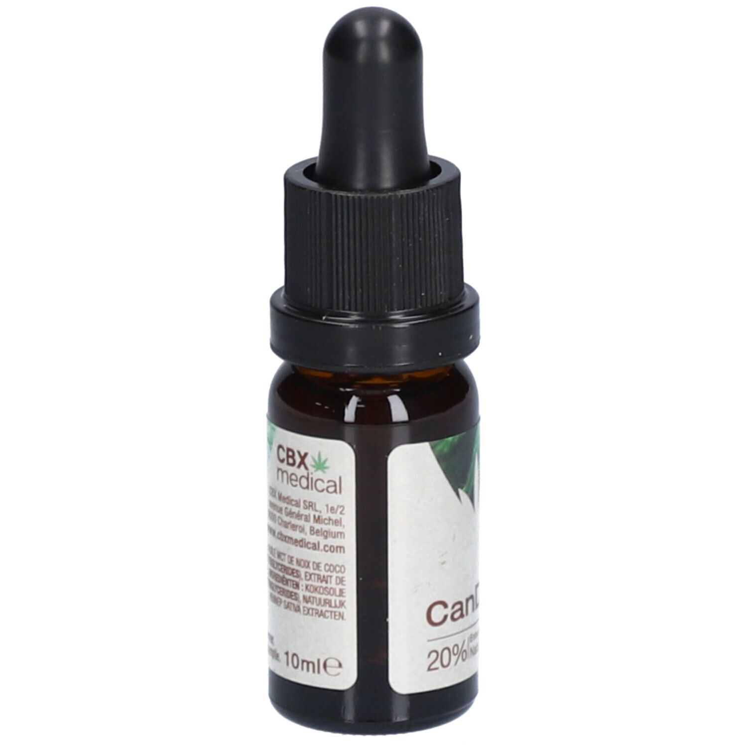 Flacon en verre brun avec compte-gouttes noir. Étiquette avec texte et feuille de cannabis. CBX medical, 10ml.