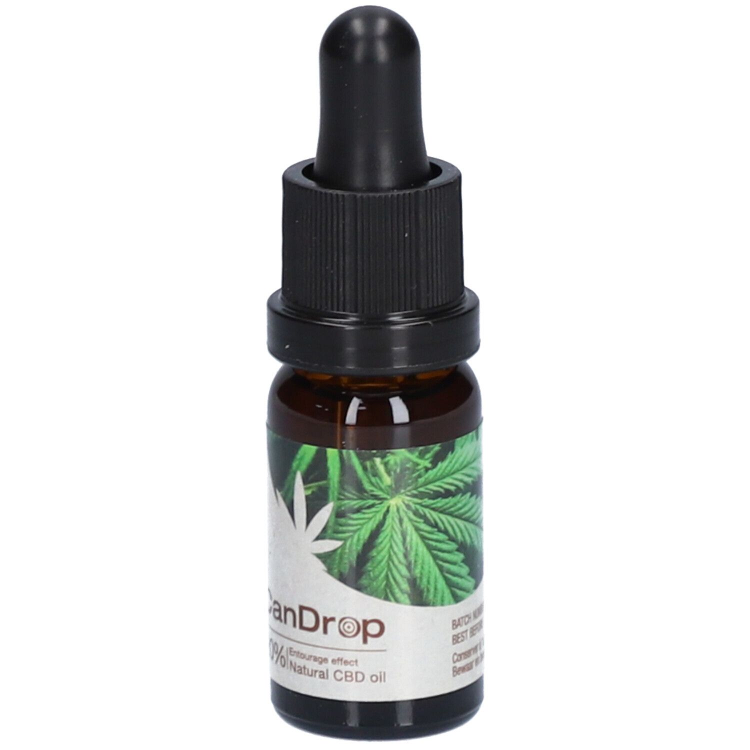 Flacon en verre brun avec compte-gouttes noir. Étiquette avec feuille de cannabis et texte. CanDrop 20% Natural CBD oil.