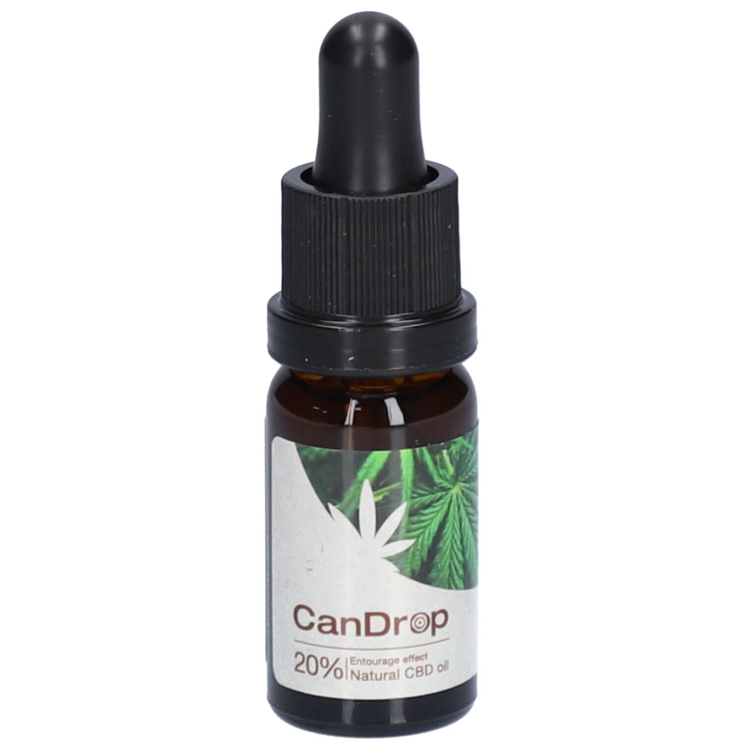 Flacon en verre brun avec compte-gouttes noir. Étiquette avec feuille de cannabis et texte. CanDrop 20% Natural CBD oil.
