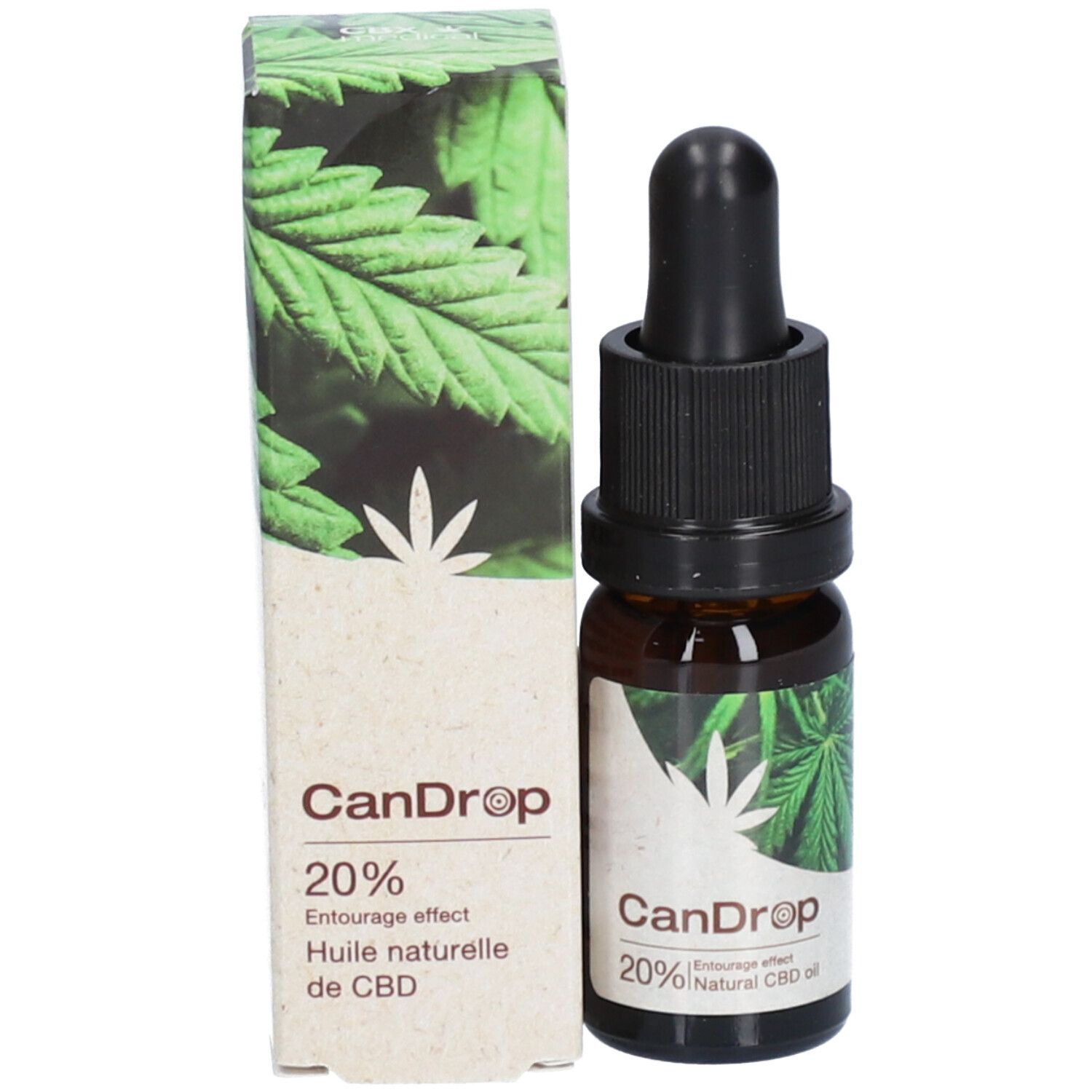 Flacon en verre brun avec compte-gouttes noir et boîte. Inscription CanDrop 20% Huile naturelle de CBD.