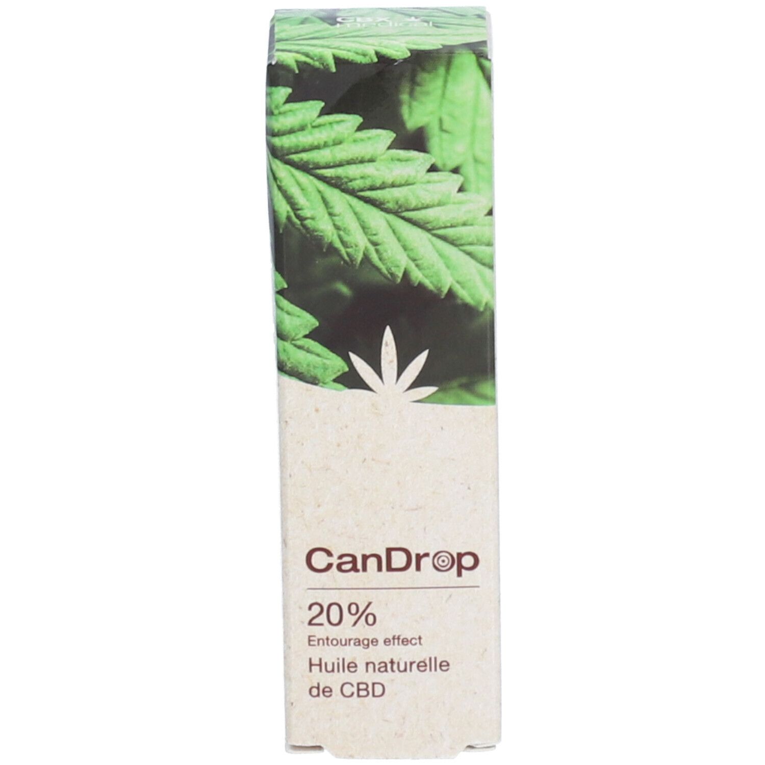 Boîte avec feuille de cannabis et texte CanDrop 20% Huile naturelle de CBD.