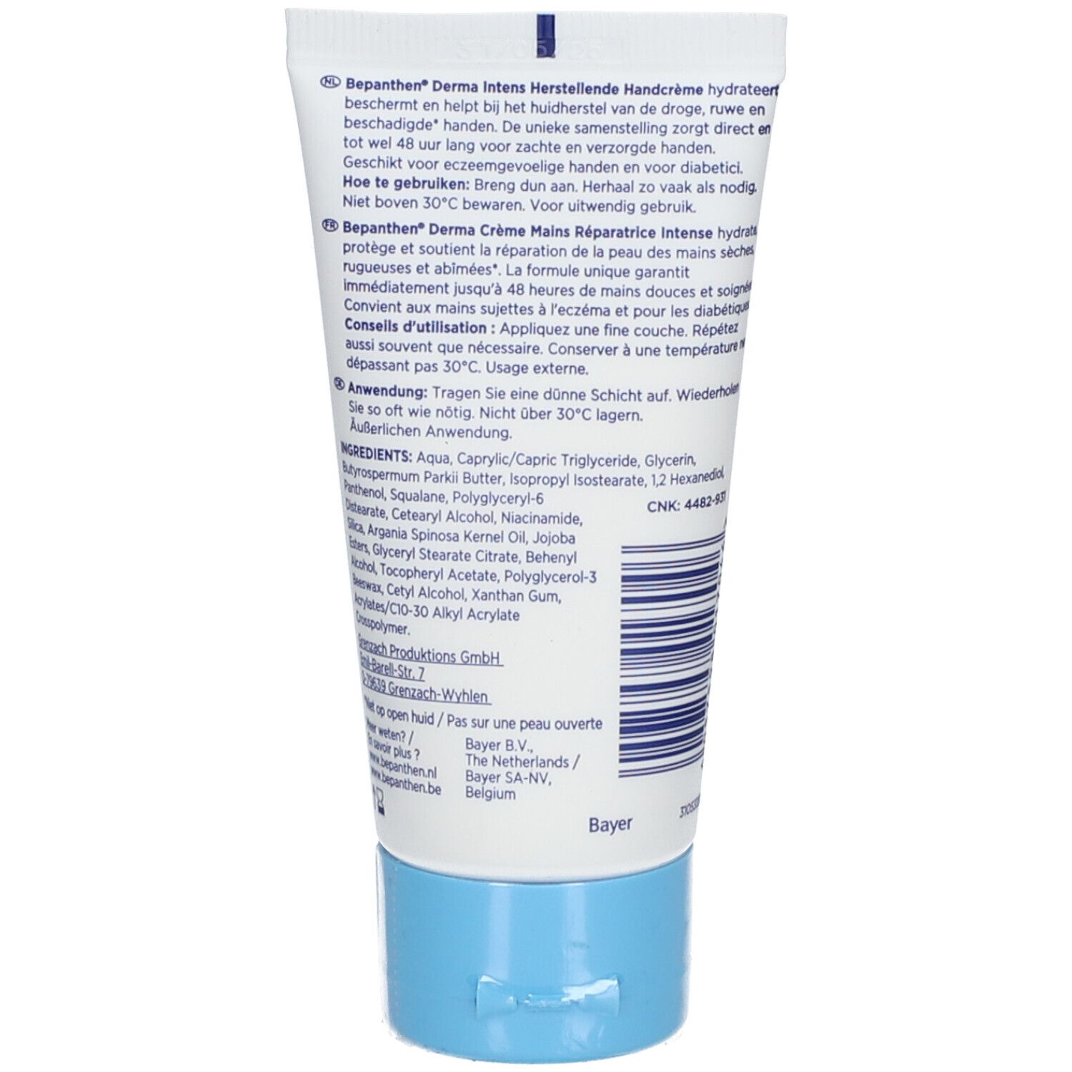 Rückseite der Handcreme-Tube. Inhaltsstoffe und Anwendungshinweise.