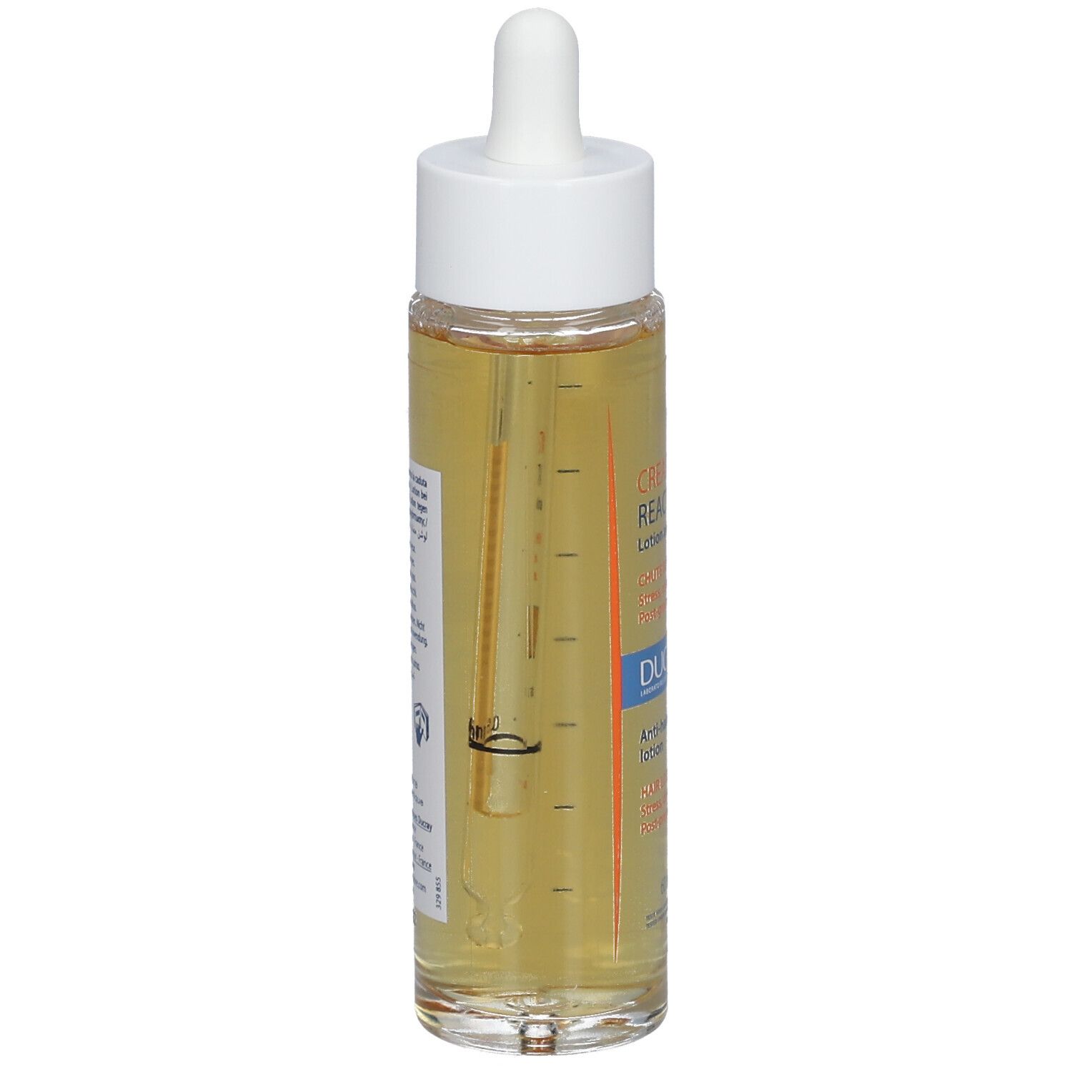 Flacon en verre avec pipette. Inscription: CREASTIM REACTIV, DUCRAY. Produit pour la chute de cheveux.