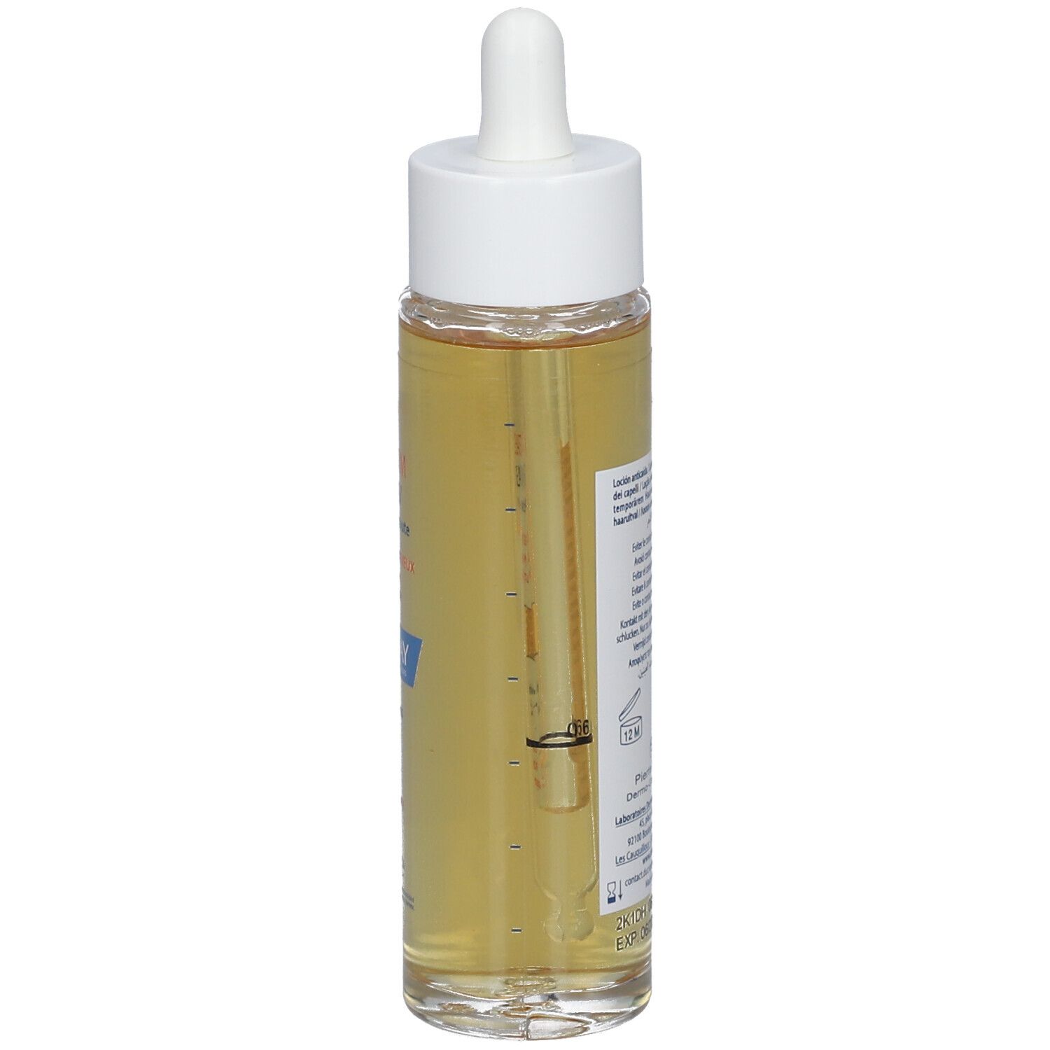 Flacon en verre avec pipette. Inscription: CREASTIM REACTIV, DUCRAY. Lotion antichute.