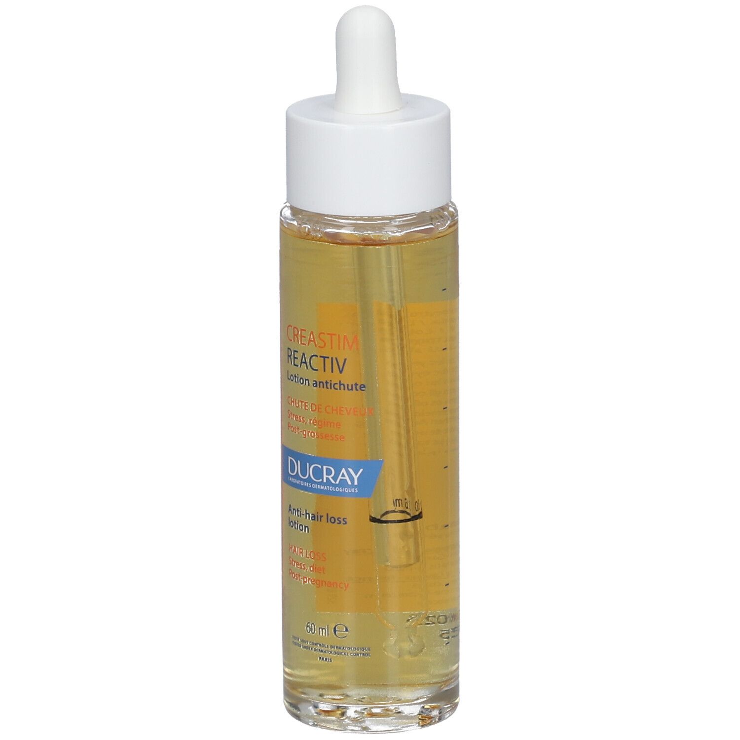Flacon en verre avec pipette. Inscription: CREASTIM REACTIV, DUCRAY. 60 ml.