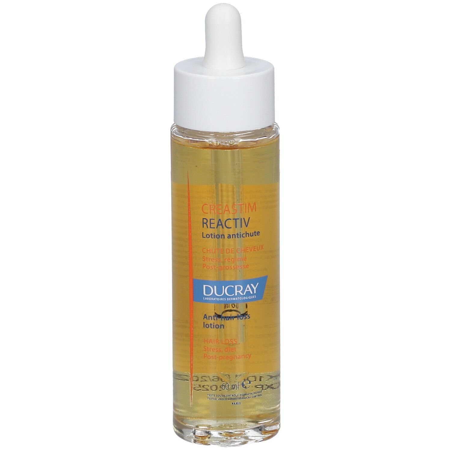 Flacon en verre avec pipette. Inscription: CREASTIM REACTIV, DUCRAY. Lotion antichute.