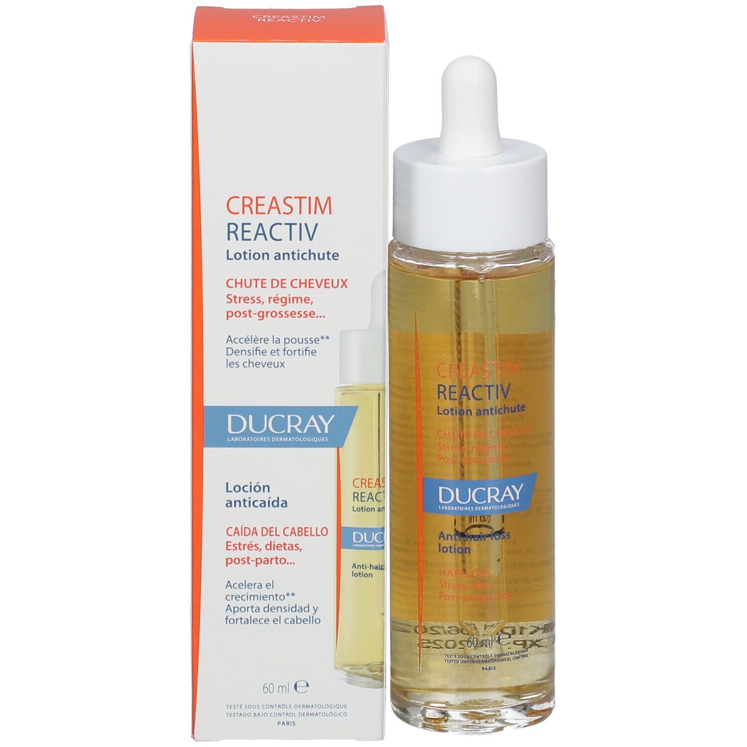 Emballage du produit avec flacon et boîte. Inscription: CREASTIM REACTIV, DUCRAY. Lotion anticaída.