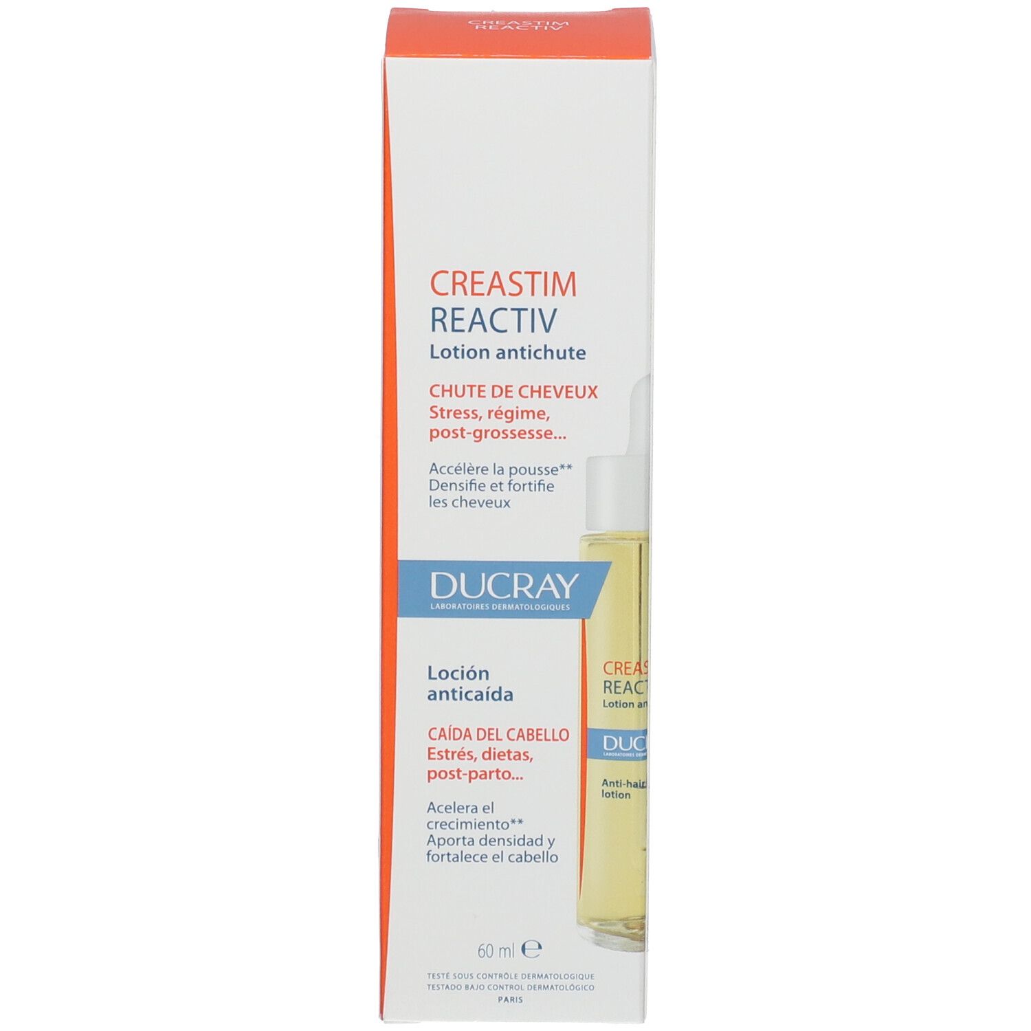 Emballage du produit avec inscription: CREASTIM REACTIV, DUCRAY. Lotion anticaída.