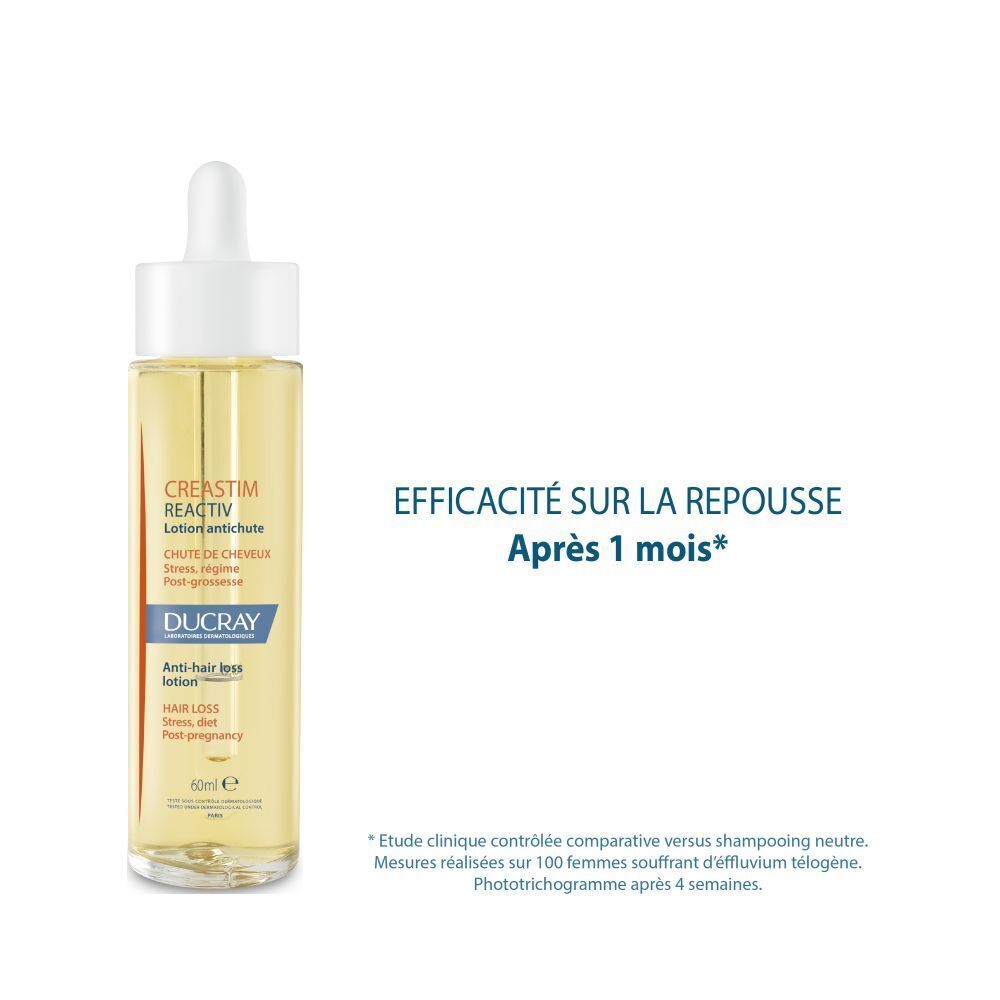 Flacon en verre avec pipette. Inscription: CREASTIM REACTIV, DUCRAY. Lotion antichute.