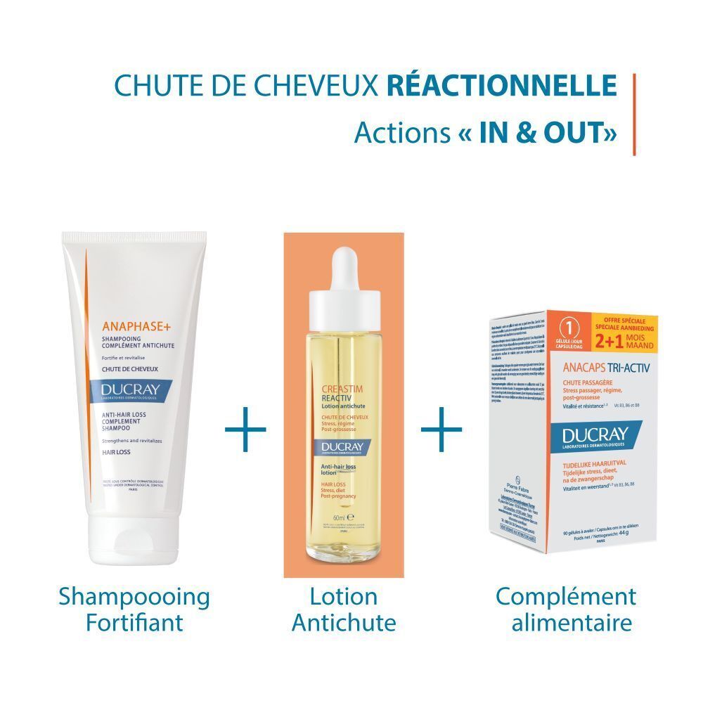 Flacon en verre avec pipette. Inscription: CREASTIM REACTIV, DUCRAY. Lotion antichute.