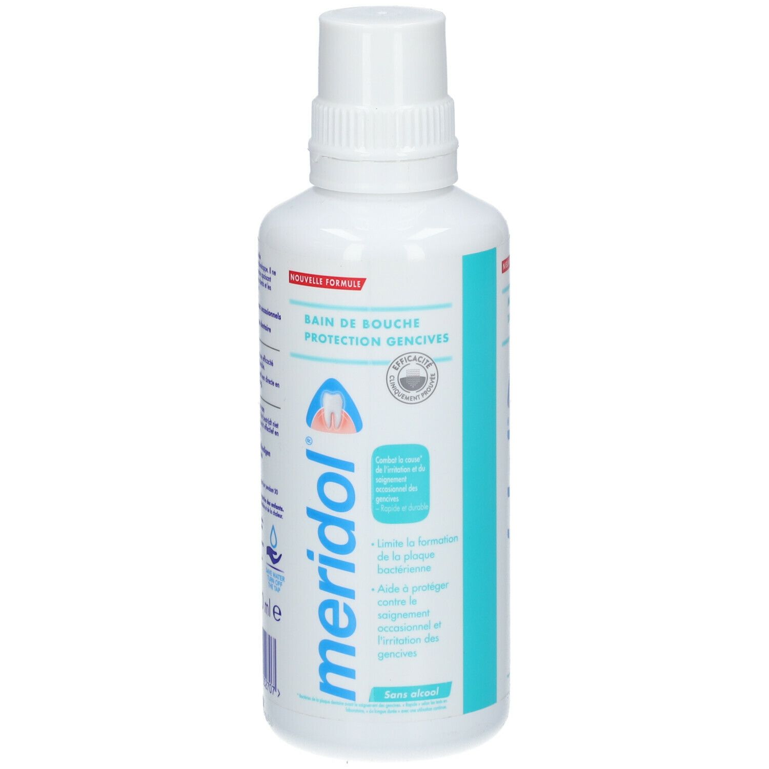 Witte fles met blauw-turkoois etiket. Opschrift: meridol® Mondspoeling Tandvleesbescherming. Met witte schroefdop.