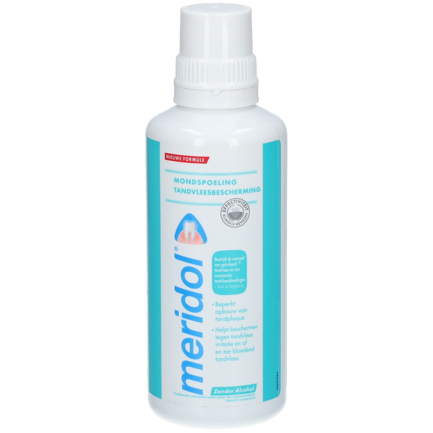 Witte fles met blauw-turkoois etiket. Opschrift: meridol® Mondspoeling Tandvleesbescherming. Met witte schroefdop.