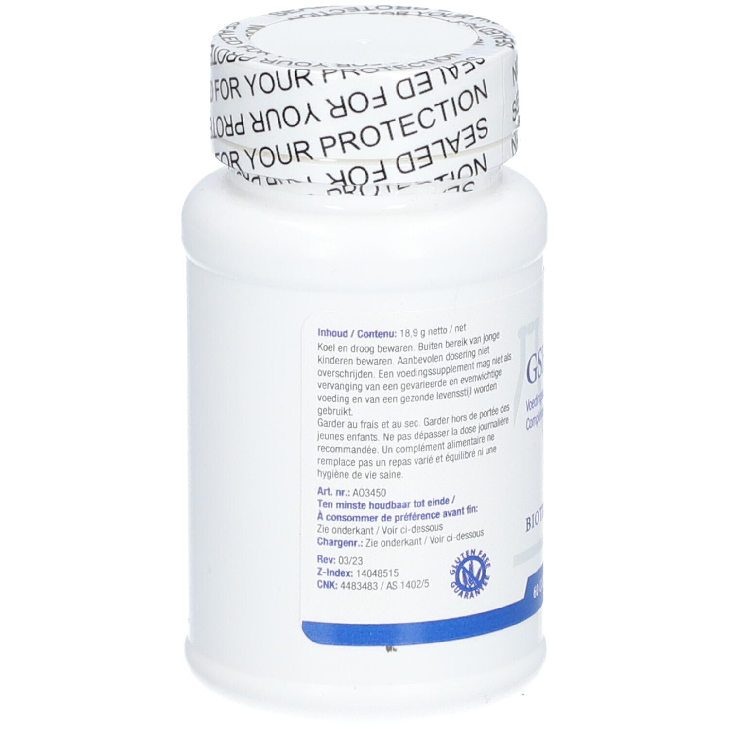 Achterkant van de witte fles. Informatie over inhoud, opslag en batchnummer. Opschrift: Biotics Research. Zegel: Sealed for your protection.